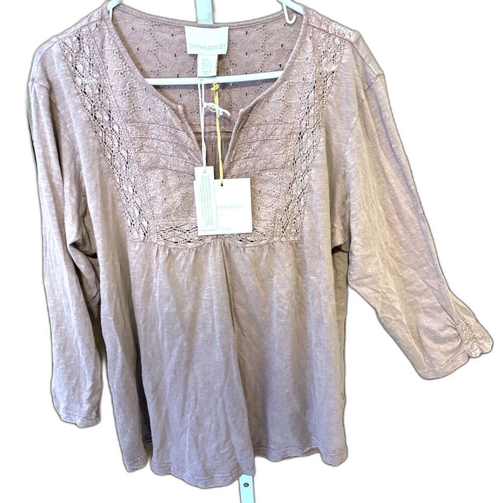 NEW Cynthia Rowley Curve Peasant Top Embroidery V Neck Sz 2X Dark Dusty Rose